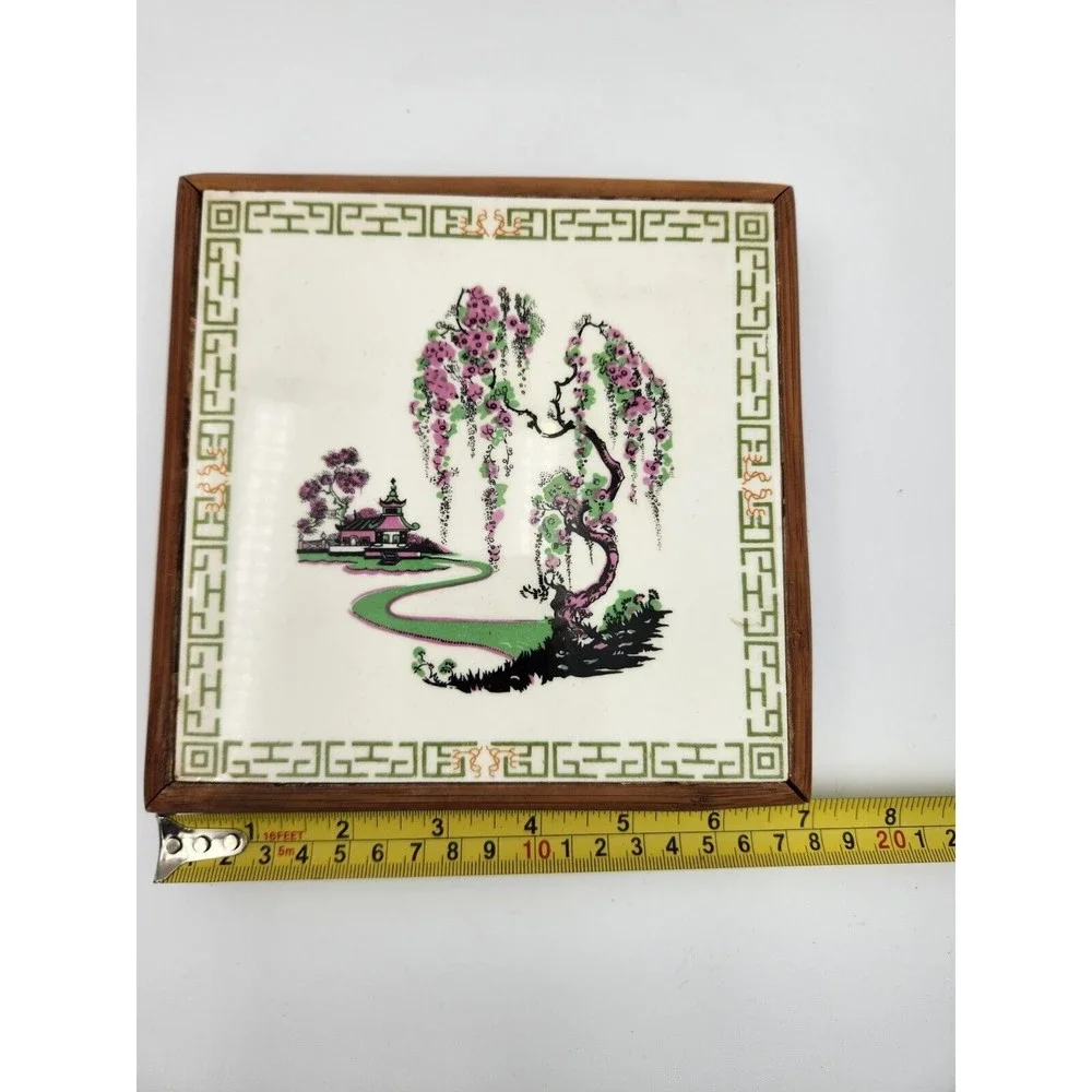 Vintage wood and tile‎ trivet Flowers Made in Japan Ito's Bamboo Handcrafts